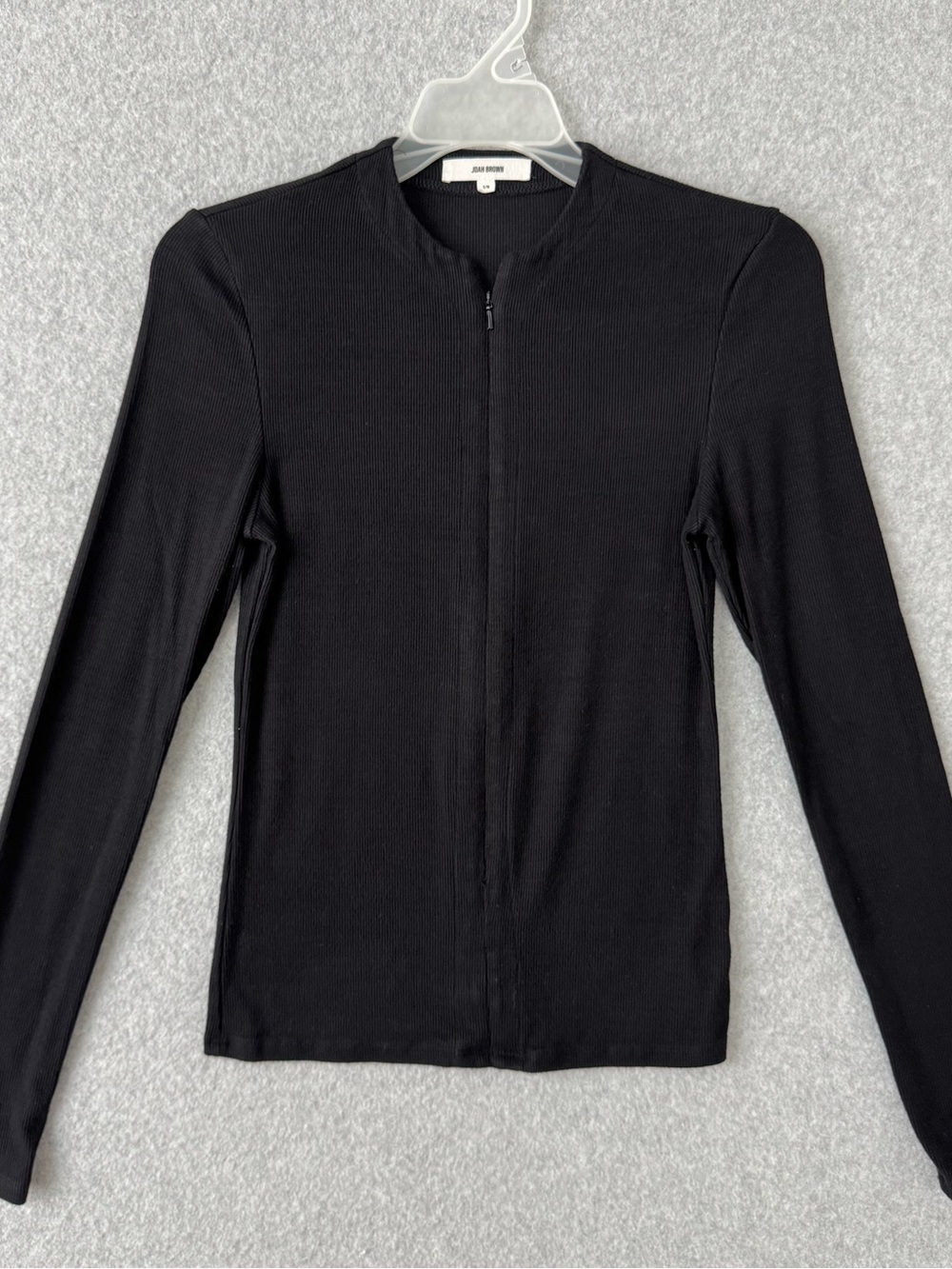 Joah Brown Shirt Womens S/M Black Ribbed Knit Invisible Zip Front Long Sleeves